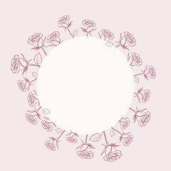 Obraz premium vector circular rose wreath frame in line art style with copy space