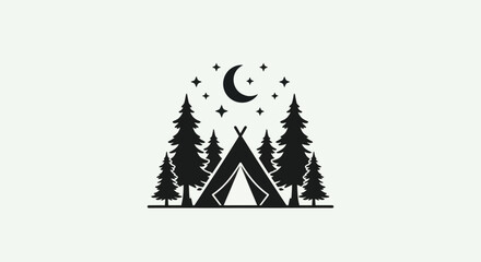 Night Camping Scene: Tent, Pine Trees, Moon, and Stars Silhouette © atha_lintar
