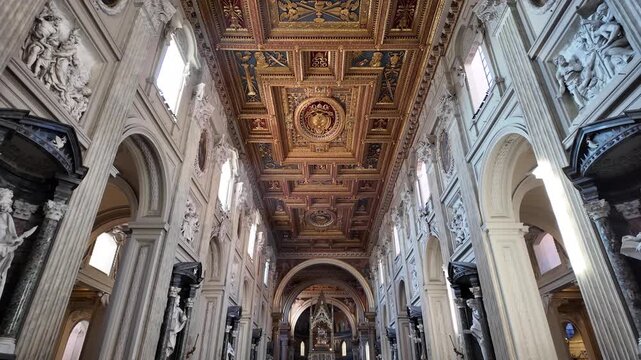 Cinematic Slow Motion Golden Coffer Ceiling Saint John Lateran Rome