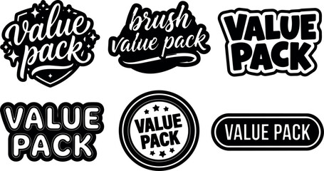 Fototapeta premium Flat design badge collection six value pack labels round shield script brush bold block retro sticker set outline monochrome vector
