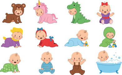 Cute Baby Characters Collection with Costumes, Crawling, Sitting and Bath Time Cartoon Vector Illustration Set