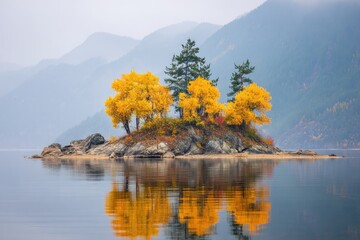 Naklejka premium Small island with yellow trees on calm lake with mountains