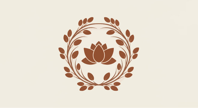 Elegant Lotus Flower Emblem with Leafy Wreath on Cream Background