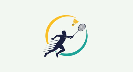 Badminton player silhouette jumping to hit shuttlecock with racket, sport logo idea © atha_lintar