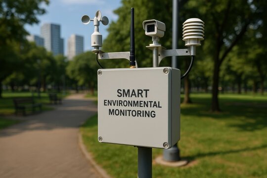 This smart environmental monitoring system stands in a green urban park. It collects data for sustainable city living and improved public spaces.