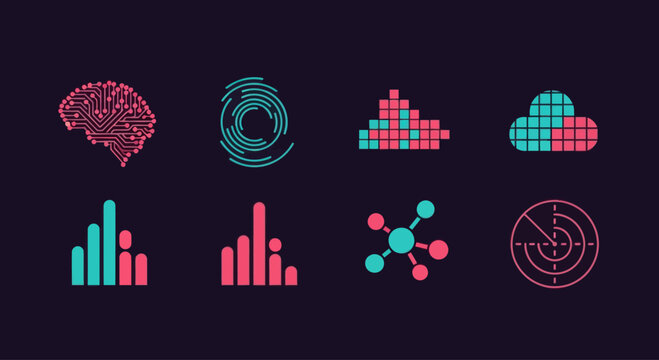 Digital Icons: Brain, Fingerprint, Data, Cloud, Charts, Network, Radar