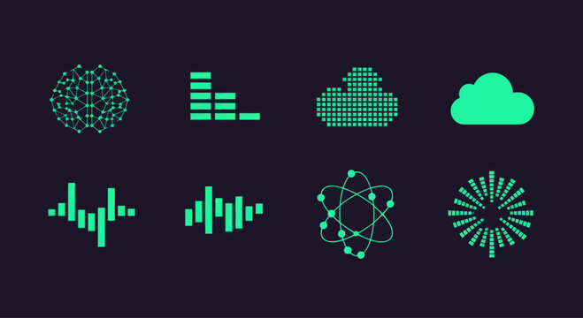 Digital Icons: Brain, Cloud, Atom, Sound Waves, Data Graph, Abstract Shapes