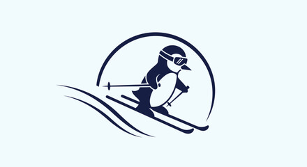 Penguin skier cartoon logo, funny animal skiing on snow, winter sport icon © atha_lintar