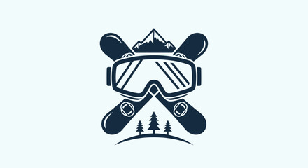 Ski Goggles and Snowboards with Mountain and Trees Icon © atha_lintar