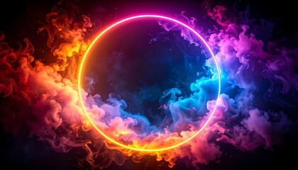 Obraz premium Neon Circle Frame with Colorful Smoke - A Vibrant Abstract Design.