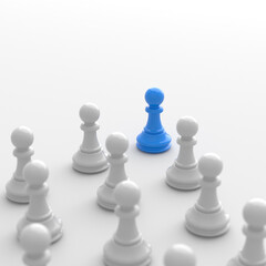 Leadership concept, blue pawn of chess, standing out from the crowd of white pawns, on white background. 3D Rendering