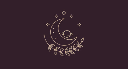 Obraz premium Celestial moon, stars, planet, and botanical branch line art