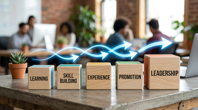 Career progression concept with wooden blocks labeled learning skill building experience promotion leadership on office desk with coworkers in background