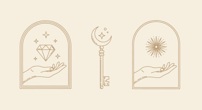 Esoteric Symbols: Hand Holding Diamond, Crescent Moon Key, Hand Holding Starburst