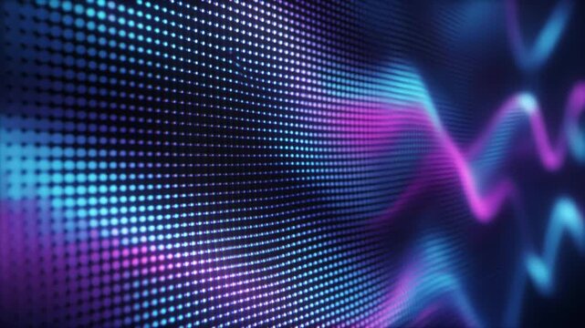 Dynamic digital visualization of data streams on a vibrant glowing screen, showcasing abstract fluid wave patterns in luminous blue, purple, and pink hues, representing advanced technological concepts