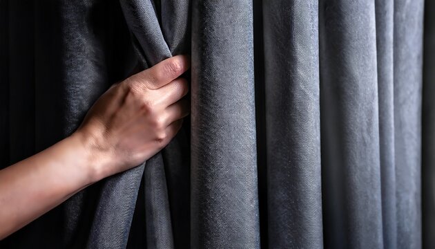 hand gently parting dense grey velvet drapes offering a glimpse behind