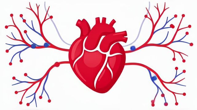 Anatomical illustration of a human heart with branching arteries and veins.