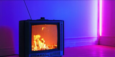 Fototapeta premium Old television displays flames. Room bathed in vibrant purple, pink light. Dramatic, surreal scene evokes destruction, intensity.