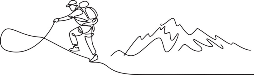 Obraz premium Single one line drawing a man who likes climbing mountains. Travel, vacation, holidays and adventure. Mountain landscape.one line vector illustration with white background