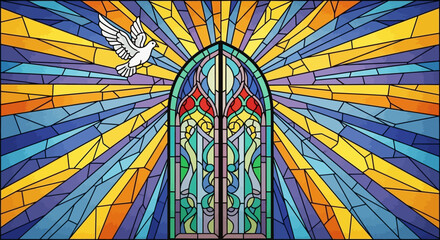 Vibrant stained glass window with dove and heavenly light