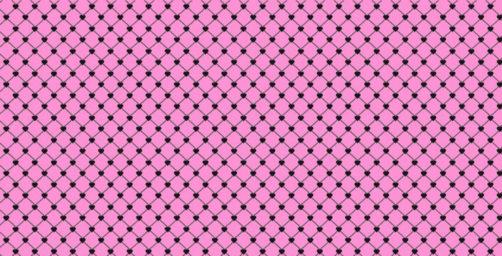 Rebellious emo pop punk vector pattern with pink hearts layered over a black fishnet grid. Alternative aesthetic background inspired by edgy fashion trends. Bold design for textiles, apparel.