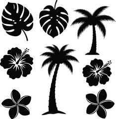 Tropical Palm Tree and Flower Silhouettes Set. Hawaiian Flora Vector Icons. © Rajna