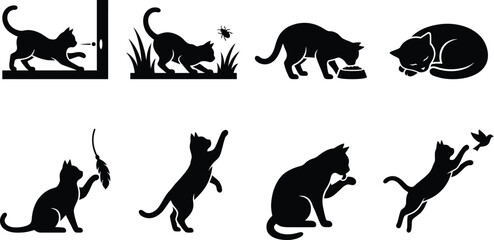 Obraz premium Black Cat Silhouette Icon Set Showing Various Domestic Feline Behaviors for Veterinary Clinics, Pet Care Branding & Animal Welfare Graphics (EPS)