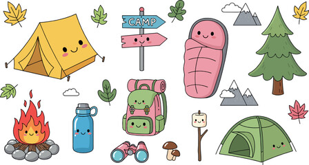 Cute camping cartoon vector illustration set with tent campfire backpack sleeping bag forest and outdoor adventure elements © Nasrin