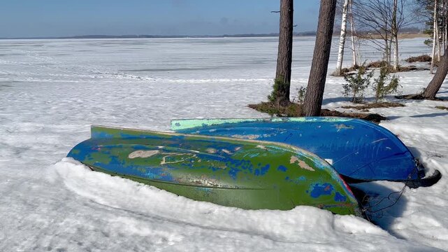 Two overturned fishing boats resting in snow near frozen lake shore with pine trees and vast winter ice stretching to horizon under clear blue sky, quiet seasonal pause of nature Razna Lake Latvia