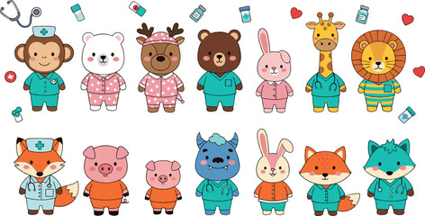 Fototapeta premium Cute cartoon animals in medical uniforms flat vector illustration set with doctor nurse outfits stethoscope and healthcare theme characters