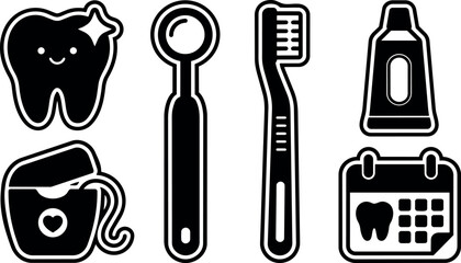 Fototapeta premium Sticker style black and white dental icon set close up smiling tooth mirror toothbrush toothpaste floss calendar vector bold outline
