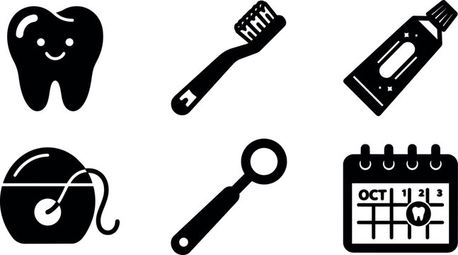 Flat icon set of dental hygiene symbols with toothbrush toothpaste floss tooth mirror calendar appointment minimal black and white vector