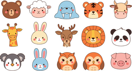 Cute cartoon animal faces collection flat vector illustration set with bear tiger lion rabbit panda owl giraffe and farm animals © Nasrin