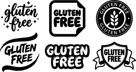Obraz premium Flat badge vector set of six gluten free labels with hand lettered script stamp and shield emblems for packaging design