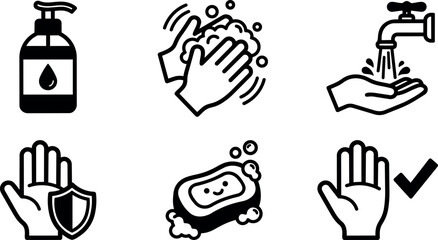 Obraz premium Line art hand washing icon set six icons soap pump lather faucet sponge protective hand with checkmark clean hygiene vector