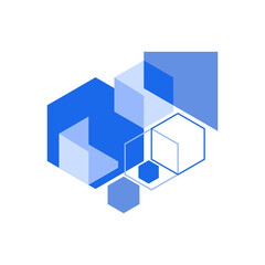 Obraz premium Overlapping geometric shapes in varying shades of blue create an abstract composition on a white background.