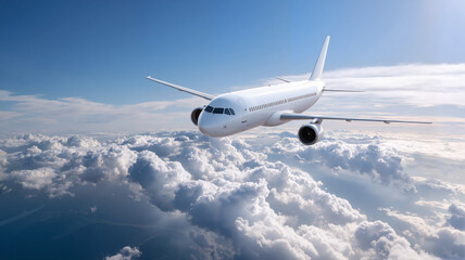 Obraz premium Commercial airplane flying above clouds in bright blue sky 