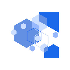 Obraz premium Overlapping geometric shapes featuring various shades of blue create a modern abstract composition on a white background.