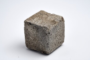 A rough textured cuboid object with coarse sand particles and small glittering elements resting on a plain white background with soft studio lighting highlighting its three dimensional form and