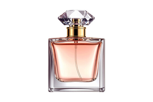 Perfume bottle with translucent liquid inside, reflective glass on transparent background