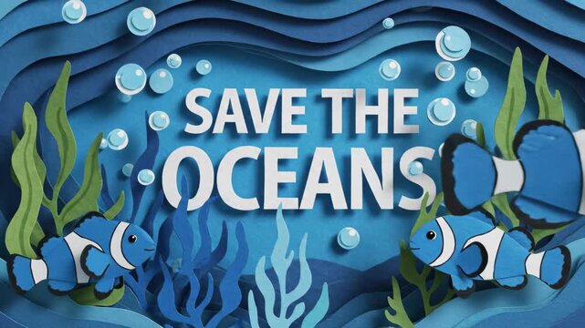 Paper cut ocean scene with Save the Oceans message