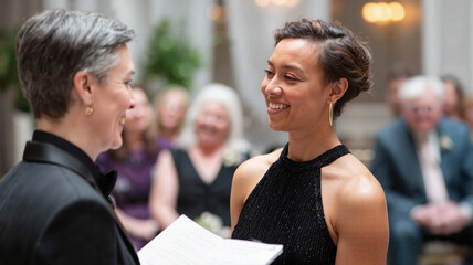 Obraz premium Woman smiling at partner while exchanging vows in elegant ceremony 