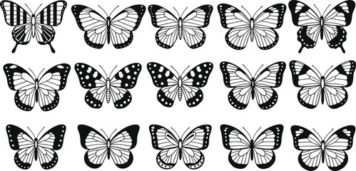 Set of decorative butterfly silhouettes and detailed wing patterns collection isolated on white background, elegant nature insect illustration for tattoo design, logo, textile print and decoration © Sawda's World