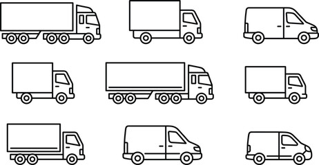Delivery truck and cargo van outline icon set for logistics transportation shipping courier service commercial vehicles line vector collection © Creative Vector
