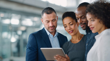 Fototapeta premium Group of diverse professionals collaborating on tablet in modern office 
