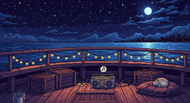 A cozy pixel art illustration of a wooden boat deck at night under a starry sky. There is a boombox playing music, wooden crates, a sleeping cat on a cushion, and warm string lights