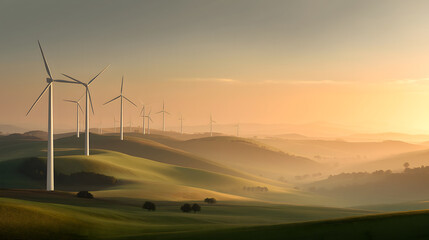 A serene landscape of rolling hills wind turbines generating clean energy at sunset