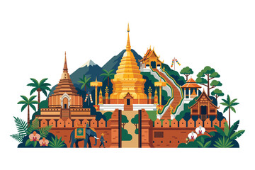Obraz premium Ancient Temple and Surrounding Scene: A vibrantly illustrated depiction of an ancient temple, exuding serenity and cultural significance, nestled within a picturesque landscape. 