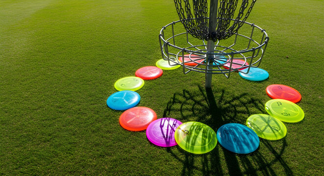 Colorful Disc Golf Frisbees Surrounding Metal Basket on Green Grass
