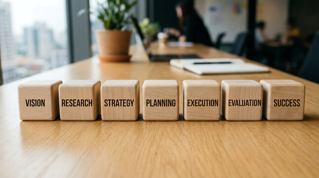 Seven wooden cubes on a desk with vision research strategy planning execution evaluation and success written on them in a modern office setting with a blurred background